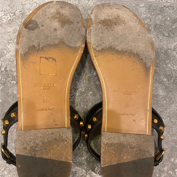 Prada black leather gold studs flats sandals - Picture 6 of 9